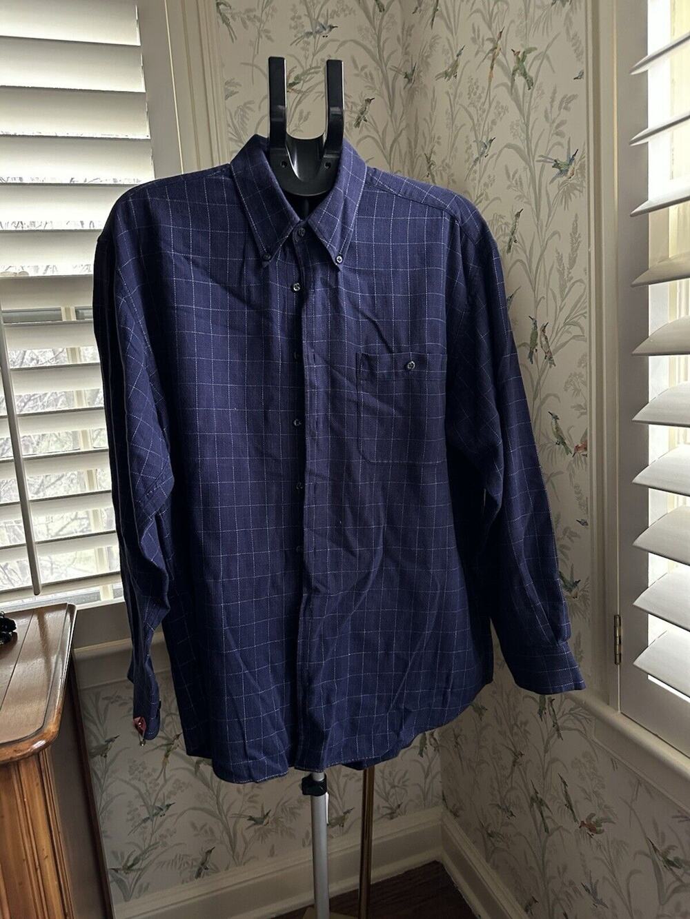 Vtg Windsor Lake Mens Shirt Large Button Front Long Sleeve Cotton Plaid Blue